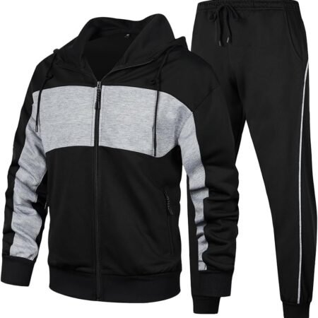 Men's Hooded Athletic Tracksuit Sweatsuit Long Sve Full-Zip Jogging Sweatpants 2 Piece Patchwork Sportsuits