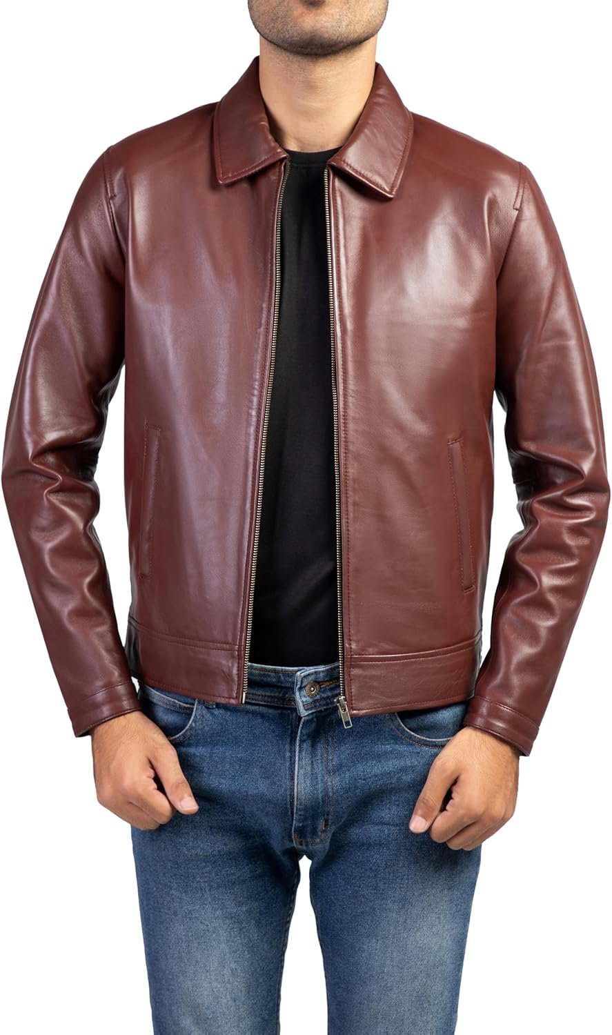 Polo Collar Premium Leather Jacket Men - Old School Classic Style Everyday Wear Real LambskinMen's Leather Jacket - Image 2