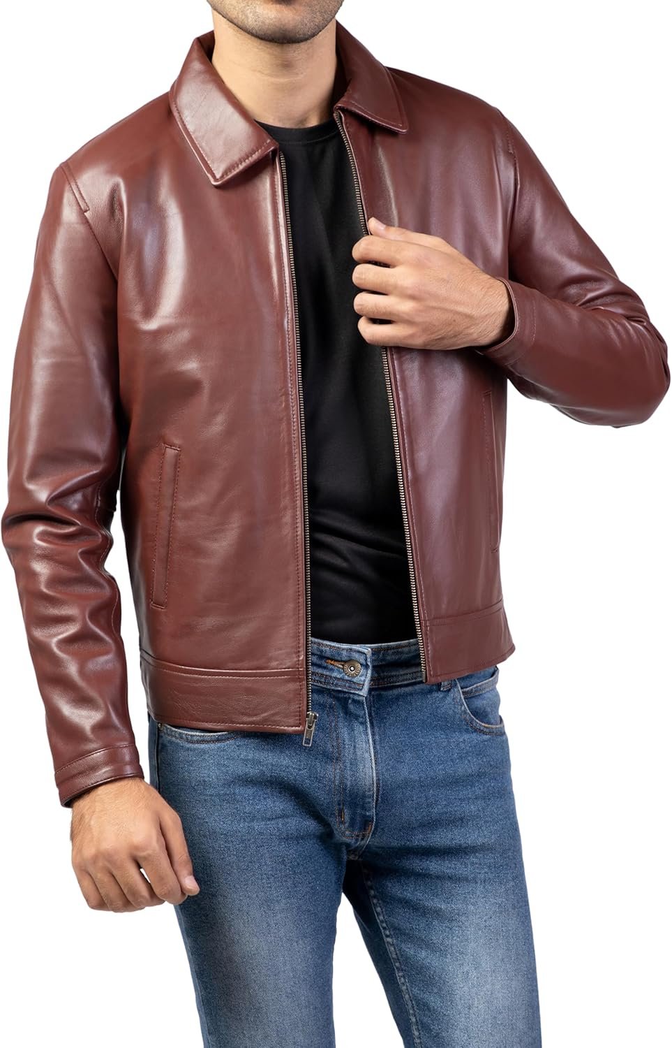 Polo Collar Premium Leather Jacket Men - Old School Classic Style Everyday Wear Real LambskinMen's Leather Jacket
