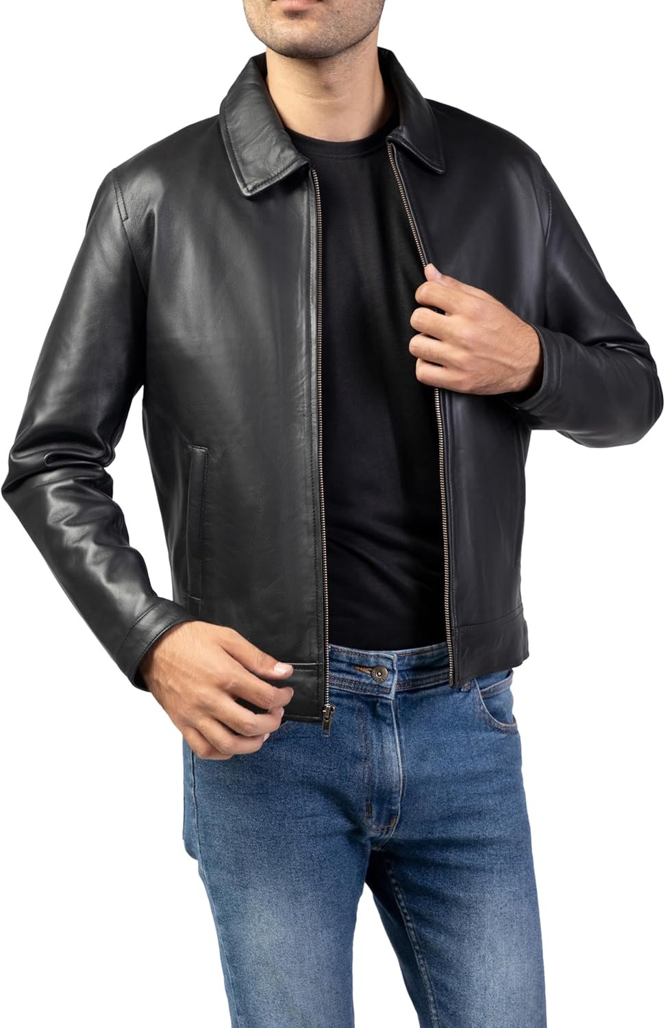 Polo Collar Premium Leather Jacket Men - Old School Classic Style Everyday Wear Real LambskinMen's Leather Jacket - Image 2