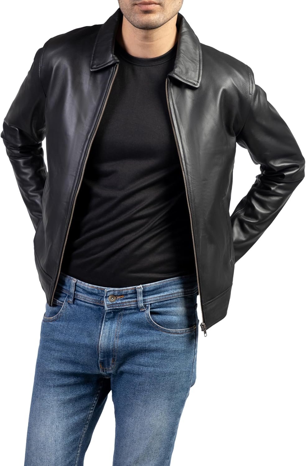 Polo Collar Premium Leather Jacket Men - Old School Classic Style Everyday Wear Real LambskinMen's Leather Jacket